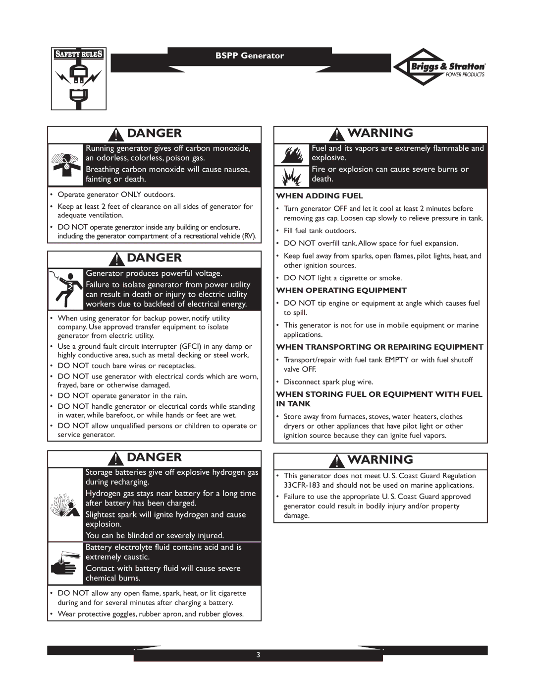 Briggs & Stratton 01932 owner manual When Adding Fuel, When Operating Equipment, When Transporting or Repairing Equipment 