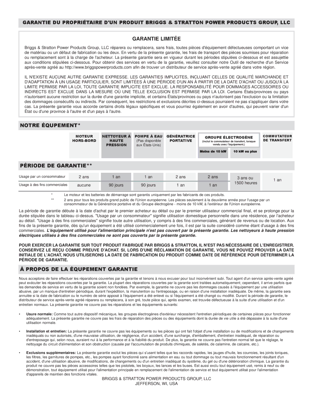 Briggs & Stratton PRO4000 01932, PRO6500 01933 owner manual Notre Équpement 