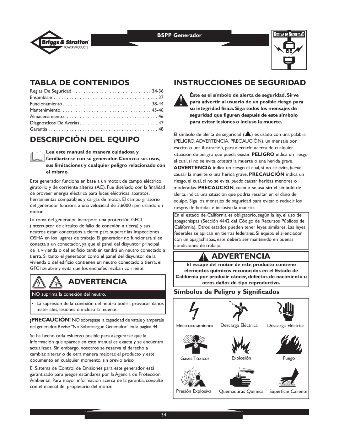 Briggs & Stratton PRO4000 01932 Tabla DE Contenidos, Descripción DEL Equipo, Advertencia, Instrucciones DE Seguridad 