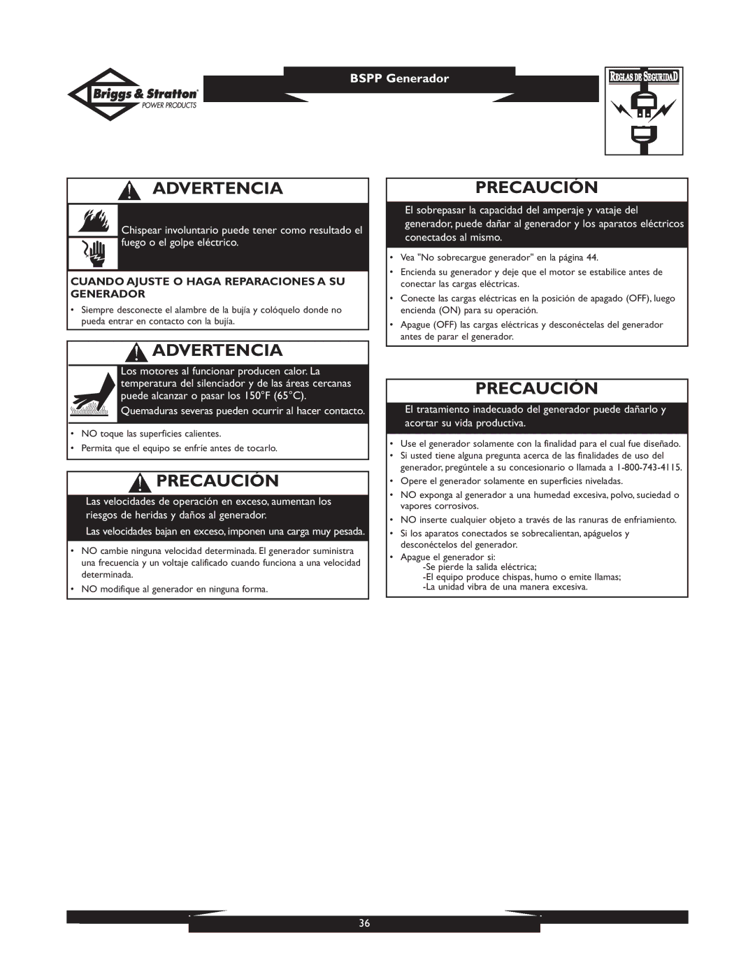 Briggs & Stratton PRO4000 01932, PRO6500 01933 owner manual Precaución, Cuando Ajuste O Haga Reparaciones a SU Generador 