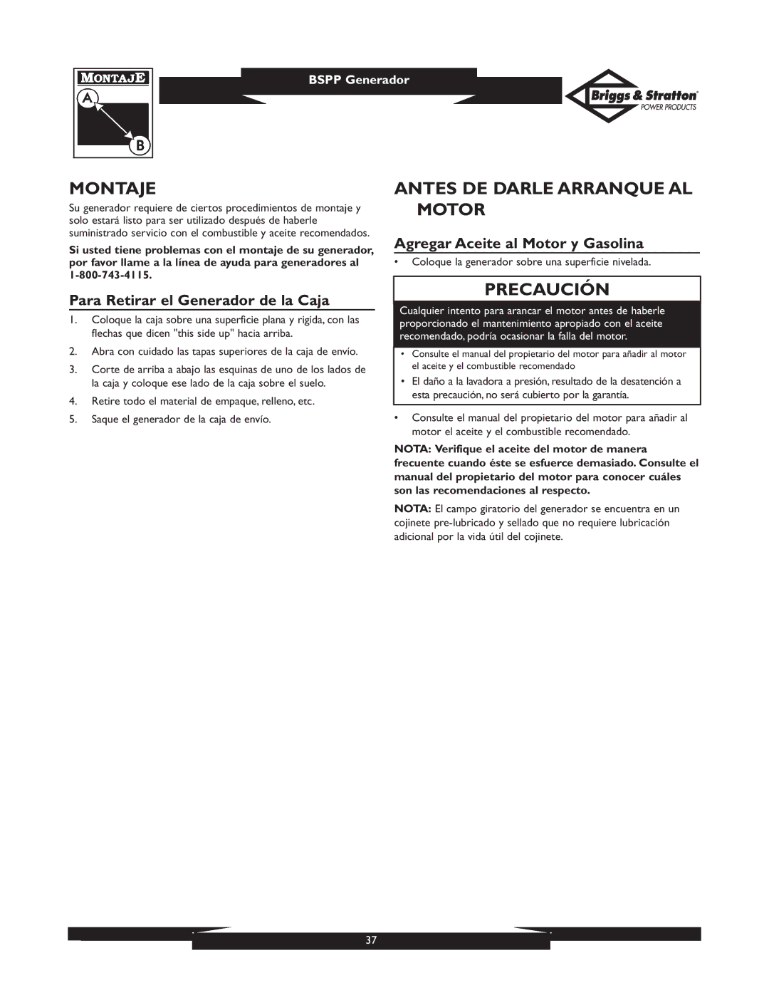 Briggs & Stratton PRO4000 01932 Montaje, Antes DE Darle Arranque AL Motor, Para Retirar el Generador de la Caja 