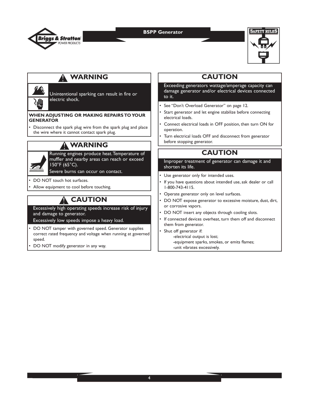 Briggs & Stratton PRO4000 01932, PRO6500 01933 owner manual Unintentional sparking can result in fire or electric shock 