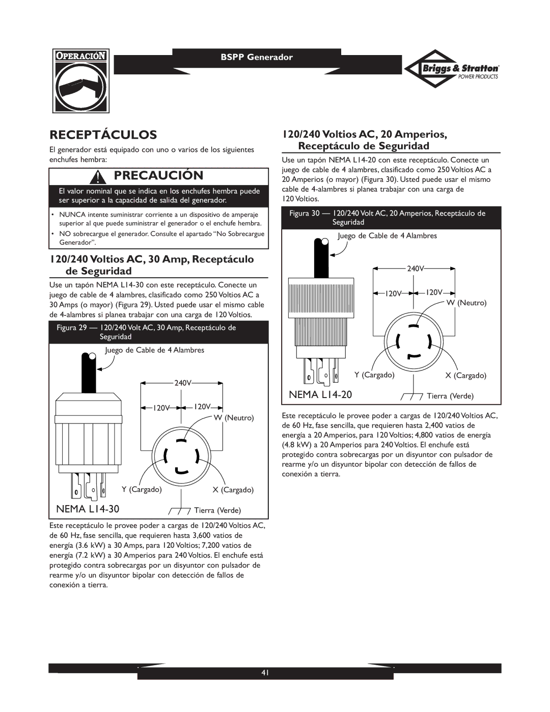 Briggs & Stratton PRO6500 01933, PRO4000 01932 Receptáculos, 120/240 Voltios AC, 30 Amp, Receptáculo de Seguridad 