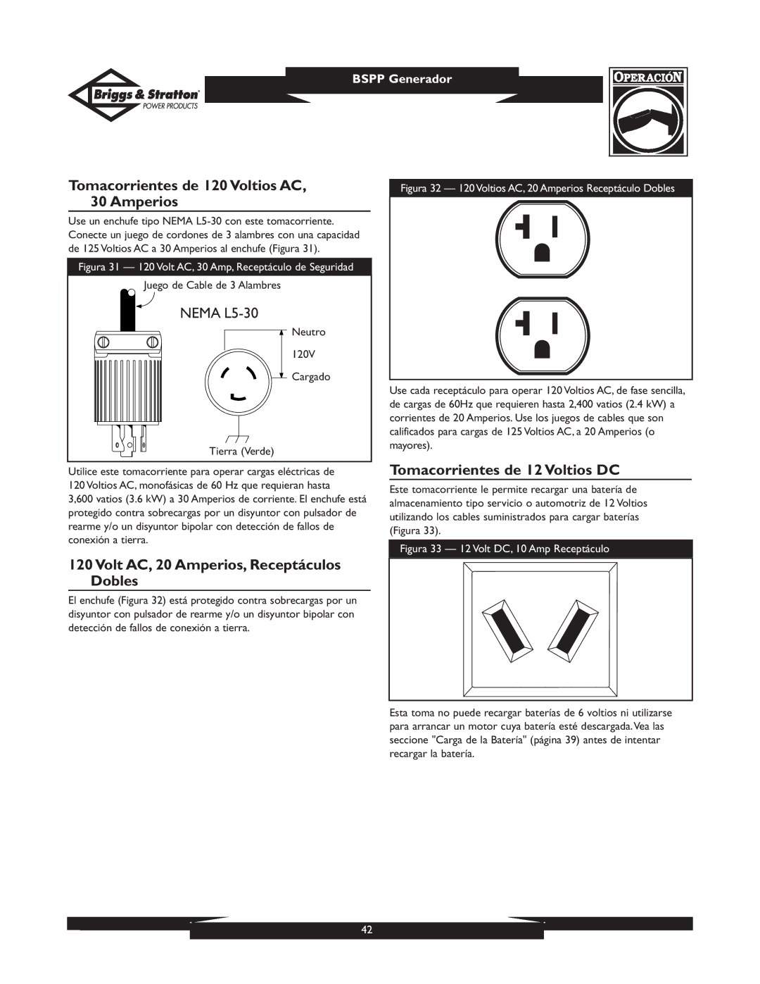 Briggs & Stratton PRO4000 01932 Tomacorrientes de 120 Voltios AC, 30 Amperios, Tomacorrientes de 12 Voltios DC 