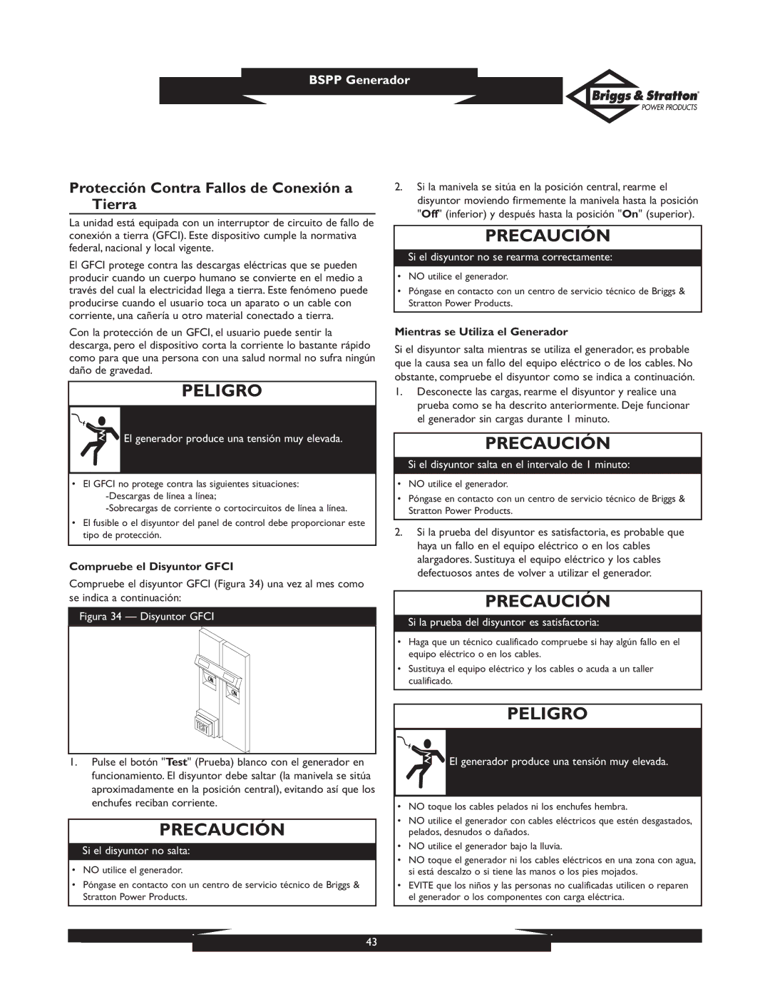 Briggs & Stratton PRO4000 01932, PRO6500 01933 Protección Contra Fallos de Conexión a Tierra, Compruebe el Disyuntor Gfci 