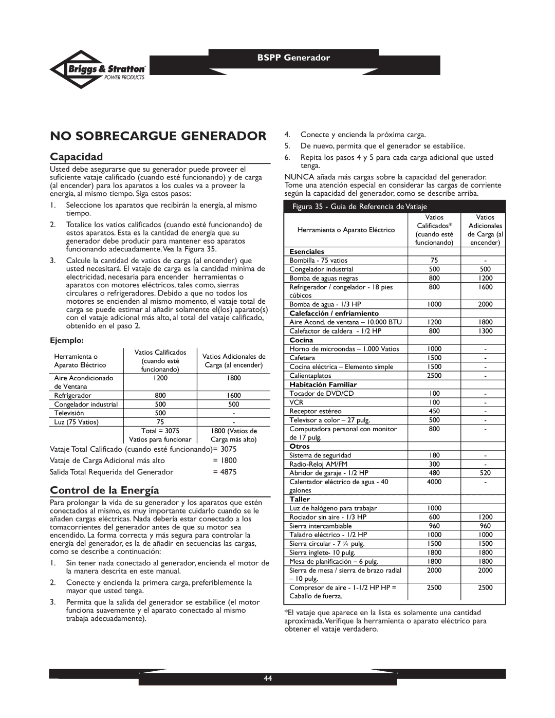 Briggs & Stratton PRO6500 01933, PRO4000 01932 No Sobrecargue Generador, Capacidad, Control de la Energía, Ejemplo 