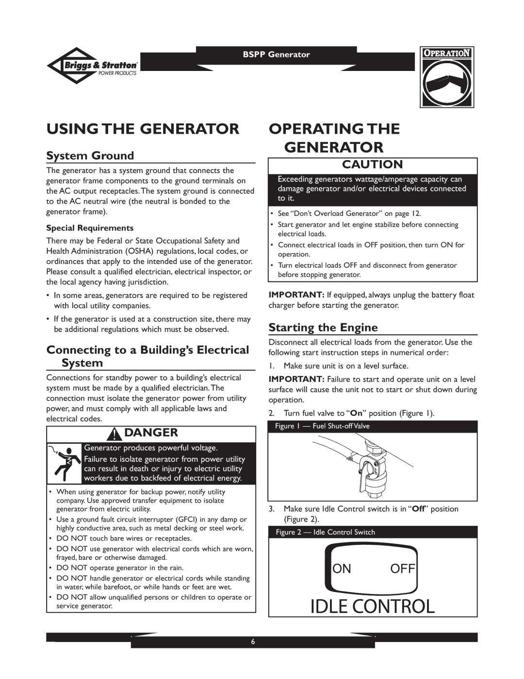 Briggs & Stratton PRO4000 01932 Using the Generator, Operating Generator, System Ground, Starting the Engine 