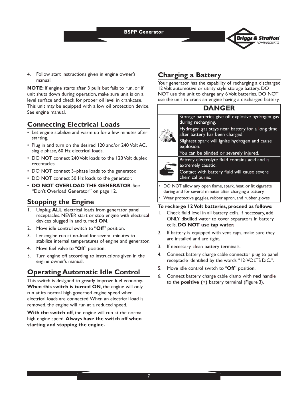 Briggs & Stratton PRO4000 01932 Connecting Electrical Loads, Stopping the Engine, Operating Automatic Idle Control 