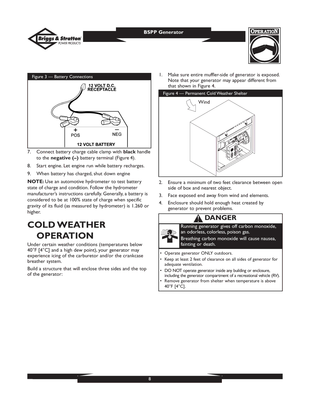 Briggs & Stratton PRO6500 01933, PRO4000 01932 owner manual Cold Weather Operation, Wind 