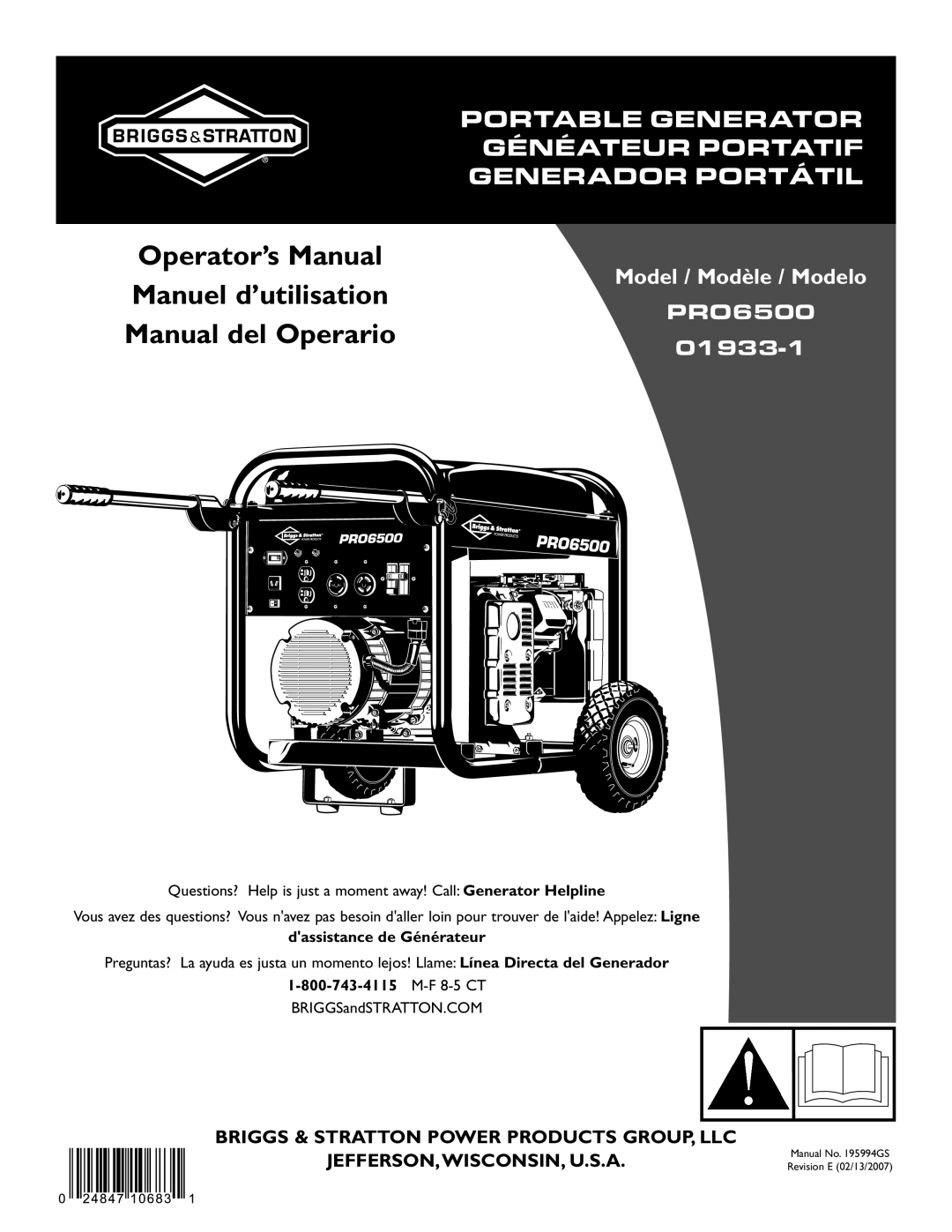 Briggs & Stratton 01933-1 manuel dutilisation Operator’s Manual Manuel d’utilisation, Manual del Operario, M-F 8-5CT 