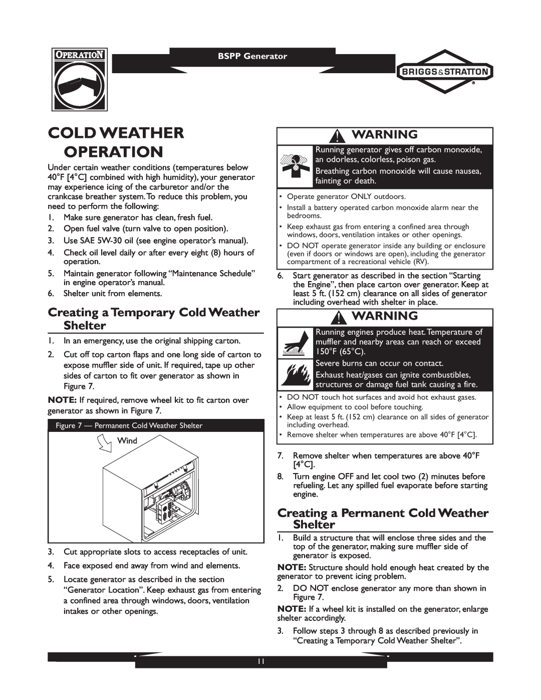 Briggs & Stratton 01933-1 Cold Weather Operation, Creating a Temporary Cold Weather Shelter, BSPP Generator 