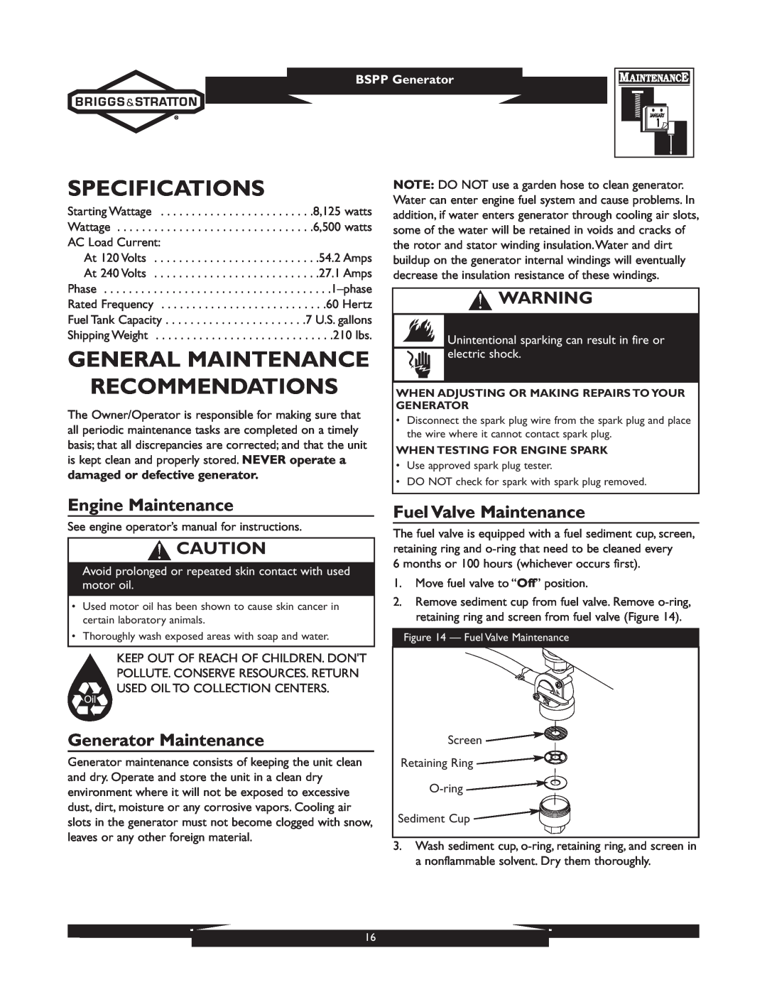 Briggs & Stratton 01933-1 Specifications, General Maintenance Recommendations, Engine Maintenance, Generator Maintenance 