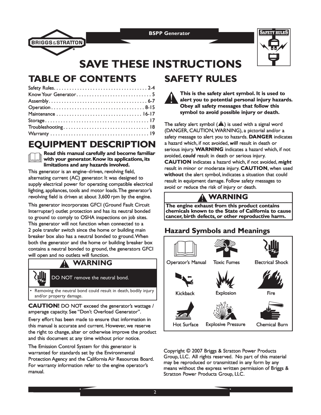 Briggs & Stratton 01933-1 Table Of Contents, Equipment Description, Safety Rules, Hazard Symbols and Meanings 