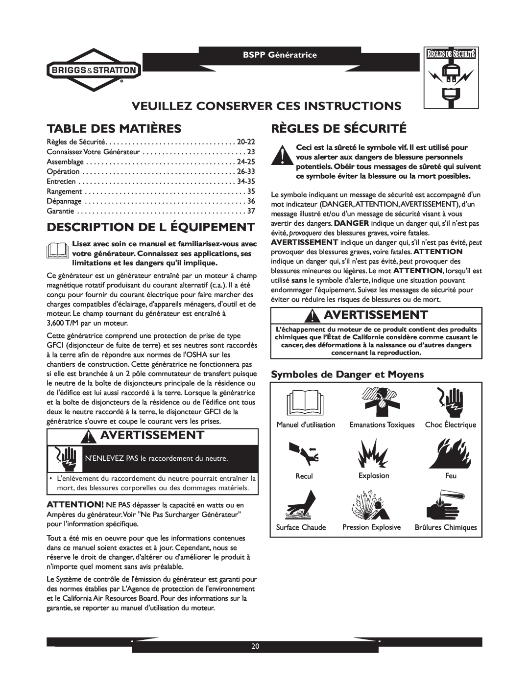 Briggs & Stratton 01933-1 Veuillez Conserver Ces Instructions, Table Des Matières, Description De L Équipement 