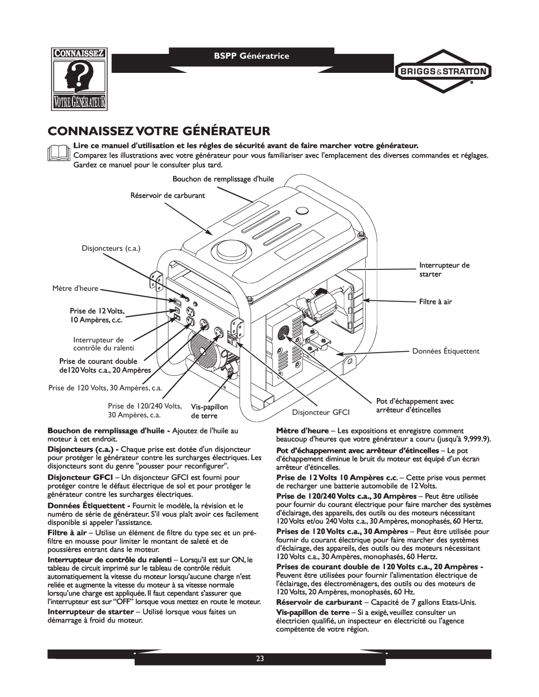 Briggs & Stratton 01933-1 manuel dutilisation Connaissez Votre Générateur, BSPP Génératrice 