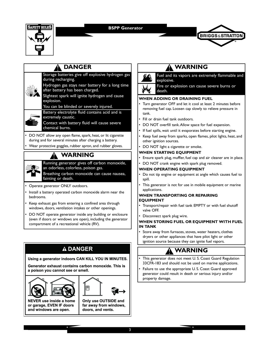 Briggs & Stratton 01933-1 manuel dutilisation Danger, BSPP Generator 