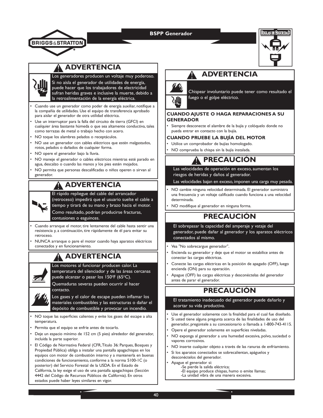 Briggs & Stratton 01933-1 manuel dutilisation Precaución, Advertencia, BSPP Generador 