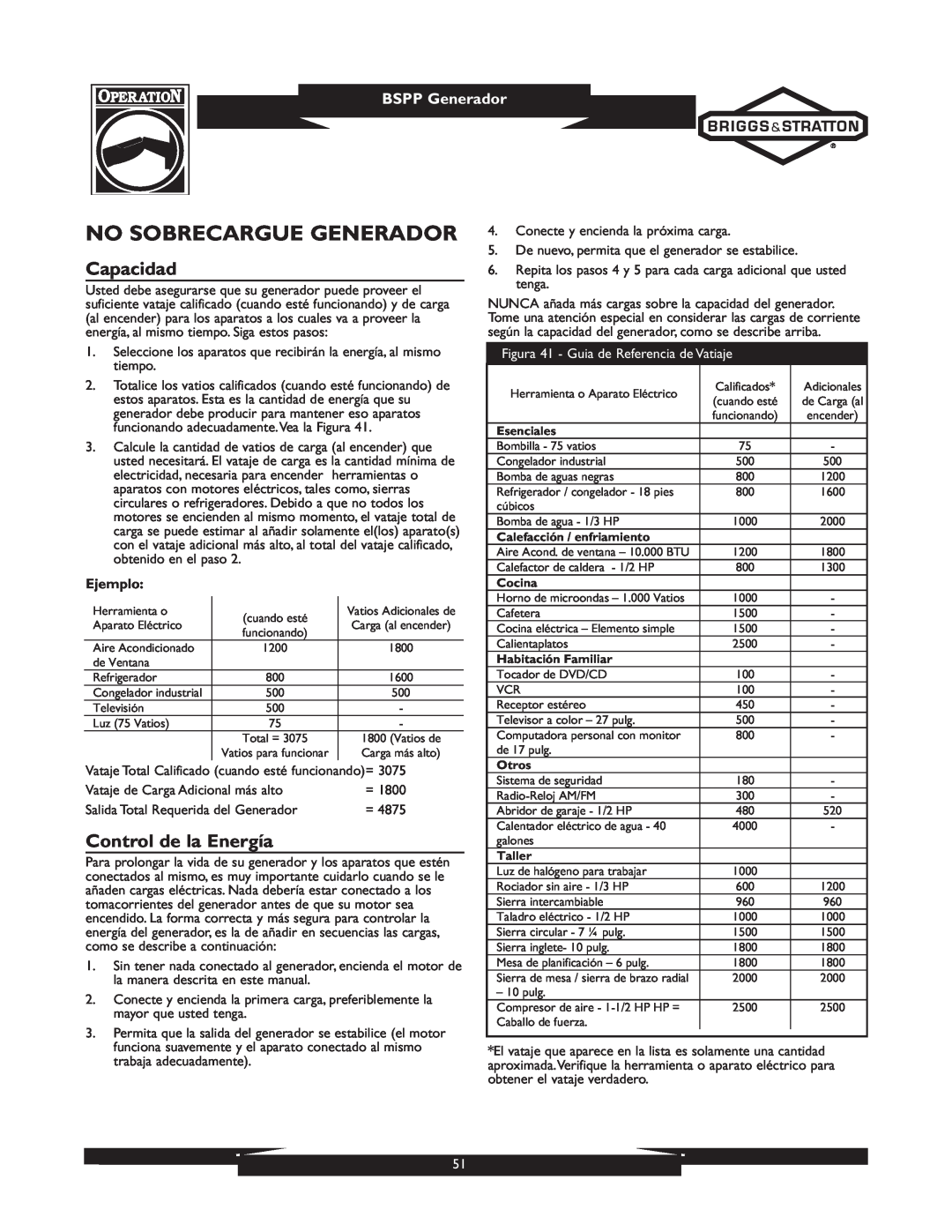 Briggs & Stratton 01933-1 manuel dutilisation No Sobrecargue Generador, Capacidad, Control de la Energía, BSPP Generador 