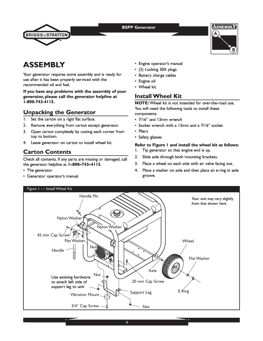 Briggs & Stratton 01933-1 Assembly, Unpacking the Generator, Install Wheel Kit, Carton Contents, BSPP Generator 