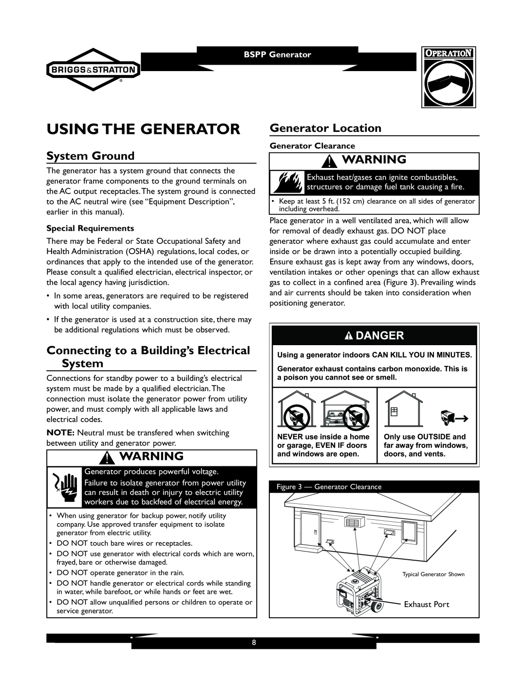 Briggs & Stratton 01933-1 Using The Generator, System Ground, Connecting to a Building’s Electrical System, BSPP Generator 