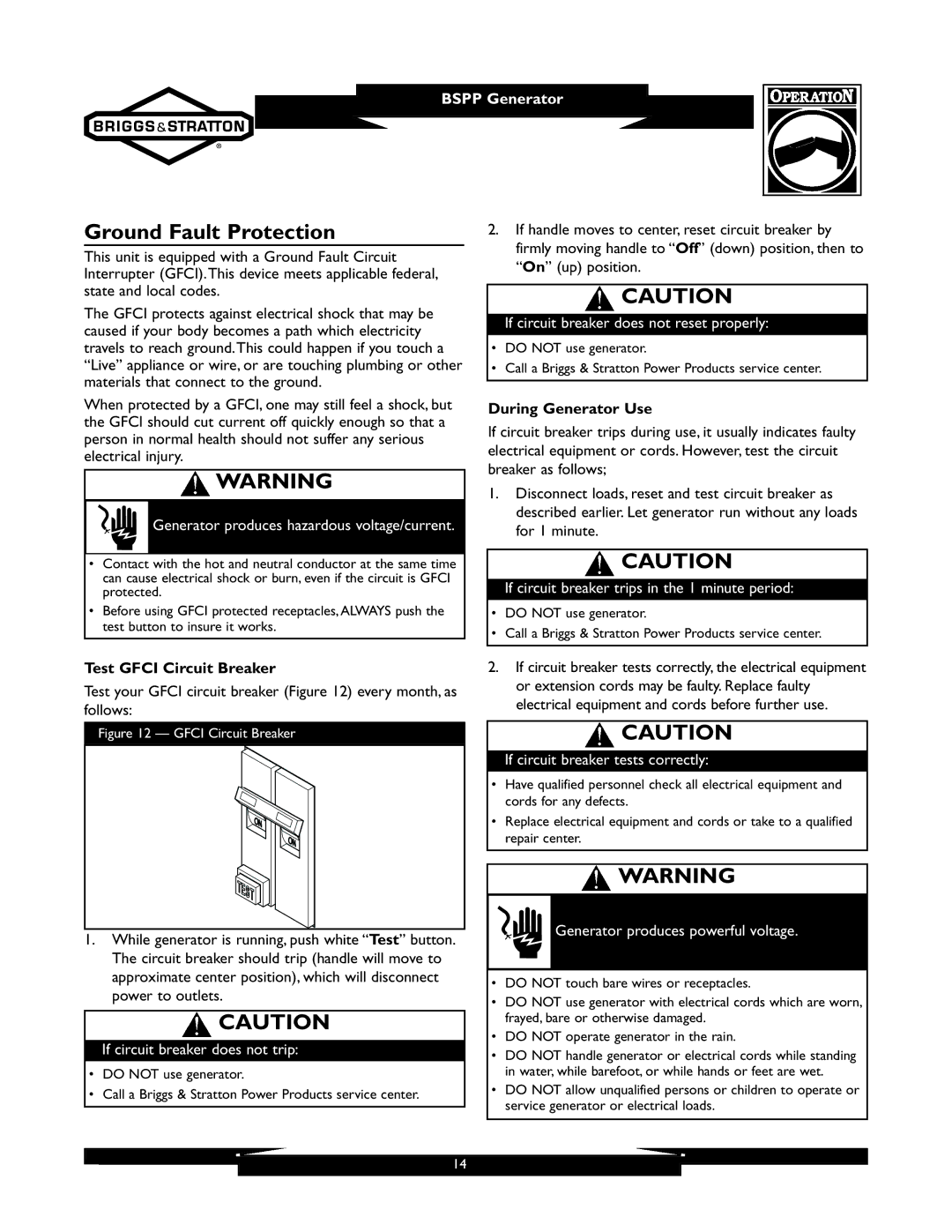 Briggs & Stratton 01933-1 manuel dutilisation Ground Fault Protection, During Generator Use, Test Gfci Circuit Breaker 