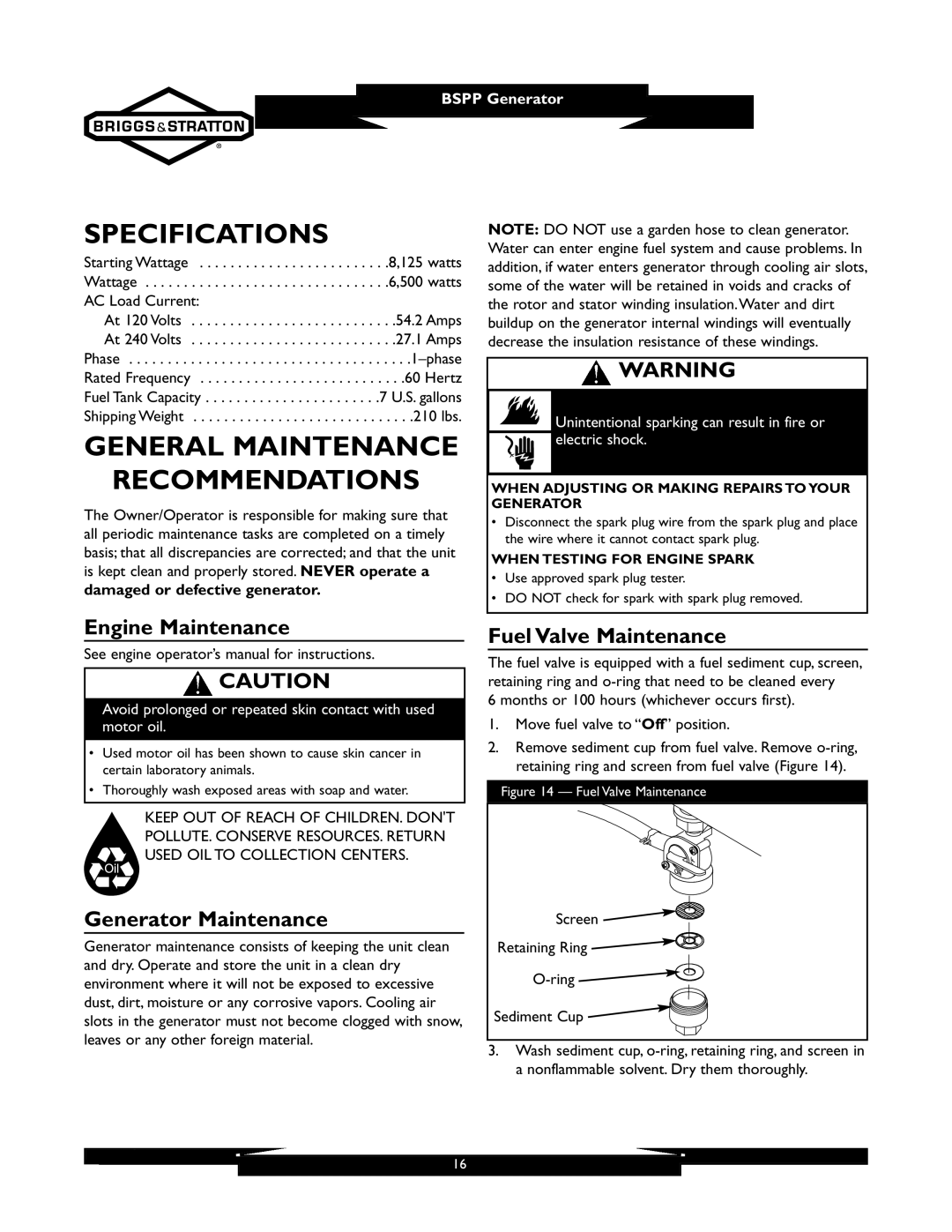 Briggs & Stratton 01933-1 Specifications, General Maintenance Recommendations, Engine Maintenance, Generator Maintenance 