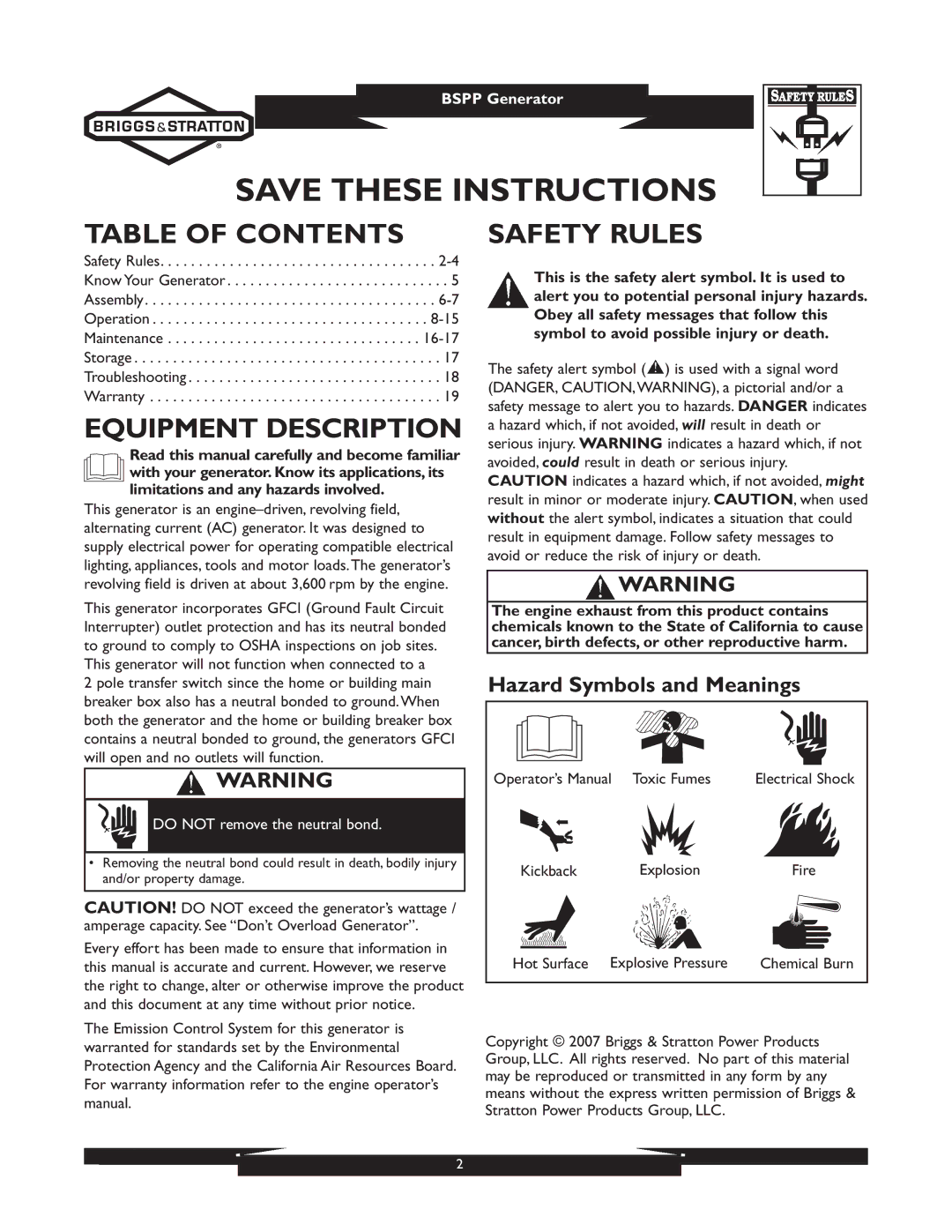 Briggs & Stratton 01933-1 manuel dutilisation Table of Contents, Equipment Description, Safety Rules 