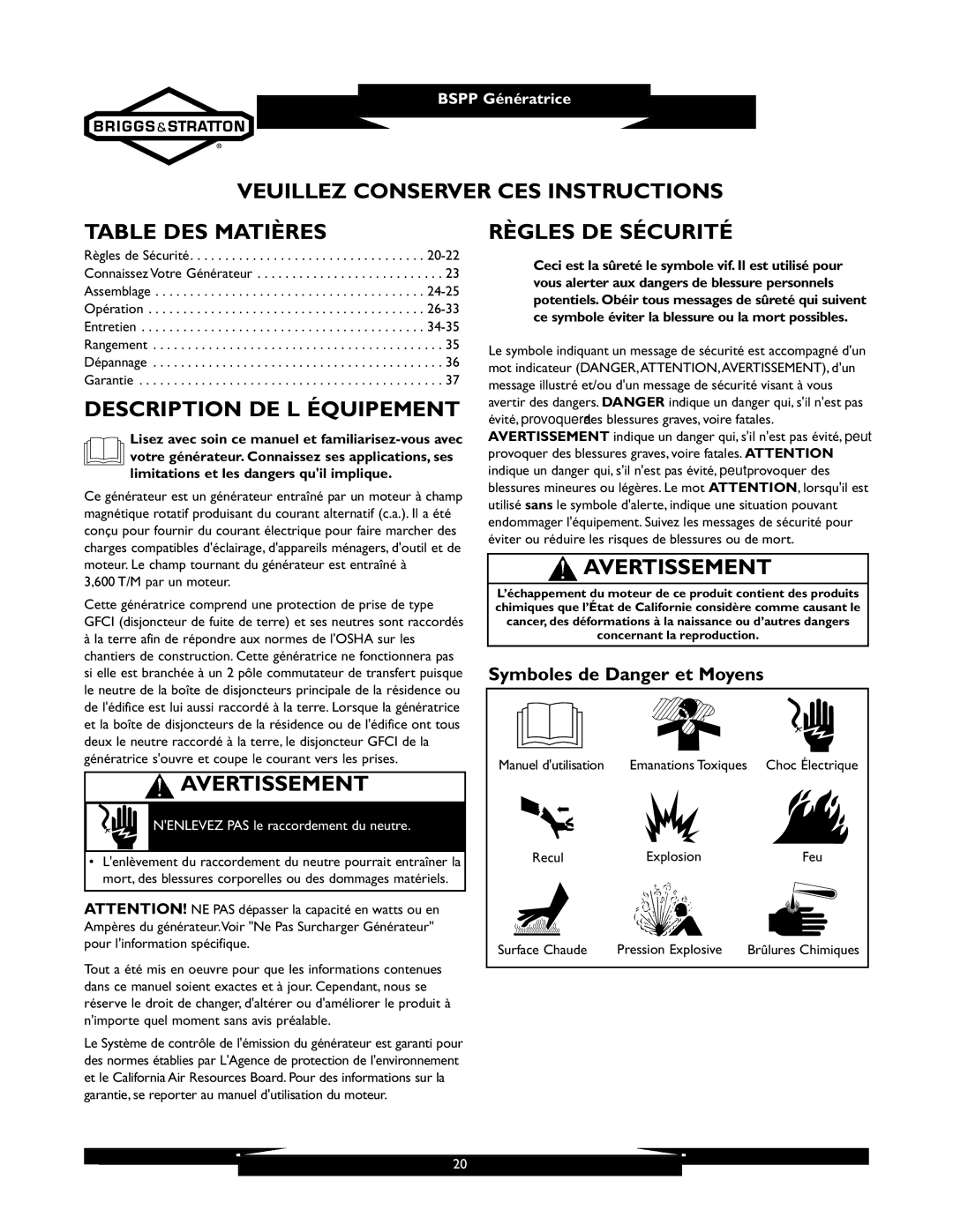 Briggs & Stratton 01933-1 Veuillez Conserver CES Instructions Table DES Matières, Description DE L Équipement 