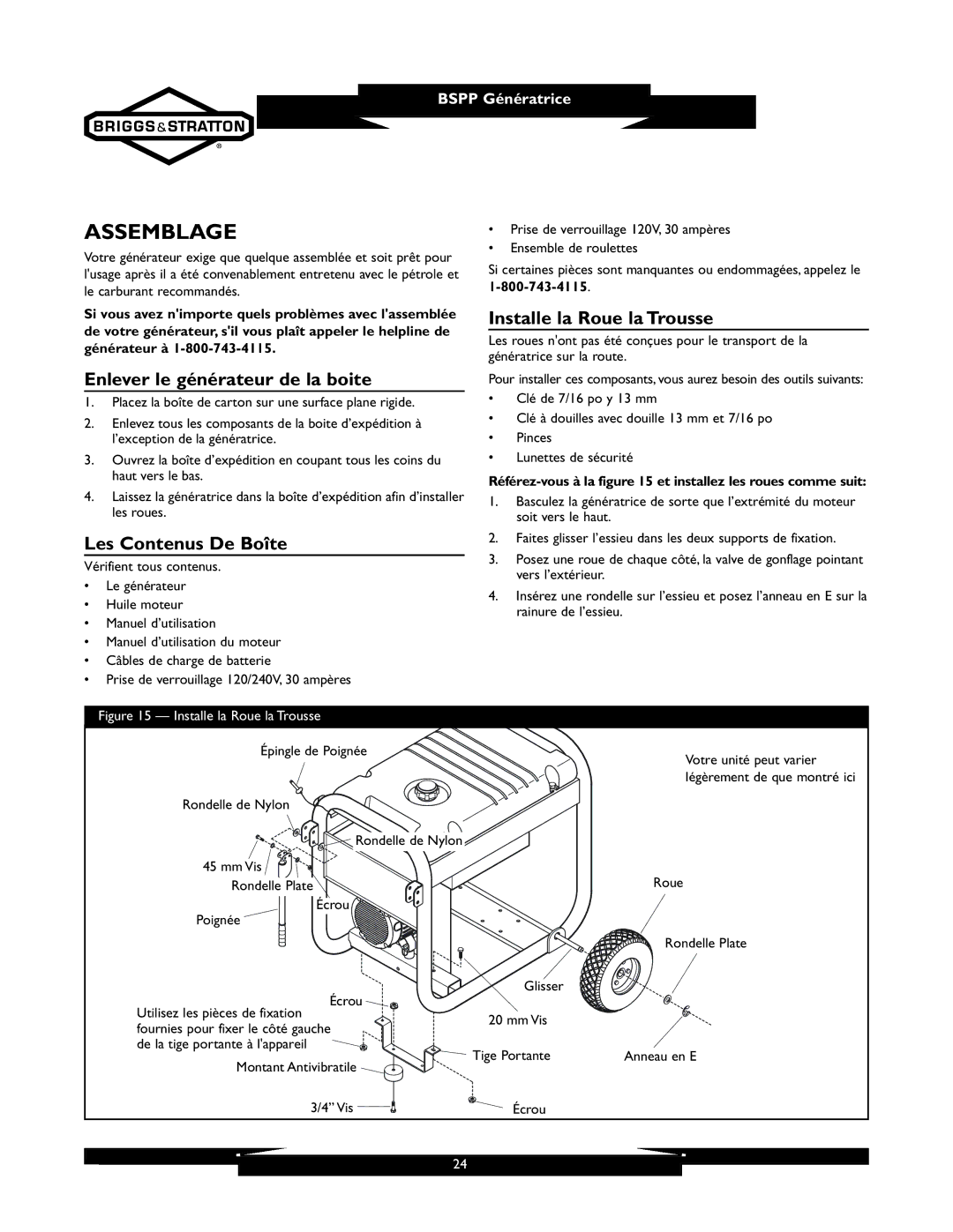 Briggs & Stratton 01933-1 manuel dutilisation Assemblage, Enlever le générateur de la boite, Les Contenus De Boîte 