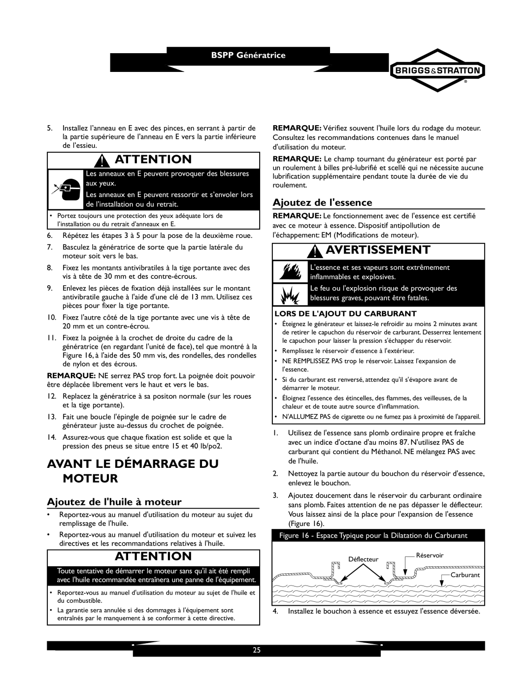 Briggs & Stratton 01933-1 manuel dutilisation Avant LE Démarrage DU Moteur, Ajoutez de lhuile à moteur, Ajoutez de lessence 