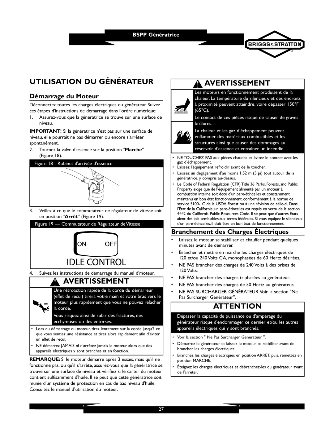 Briggs & Stratton 01933-1 Utilisation DU Générateur, Démarrage du Moteur, Branchement des Charges Électriques 