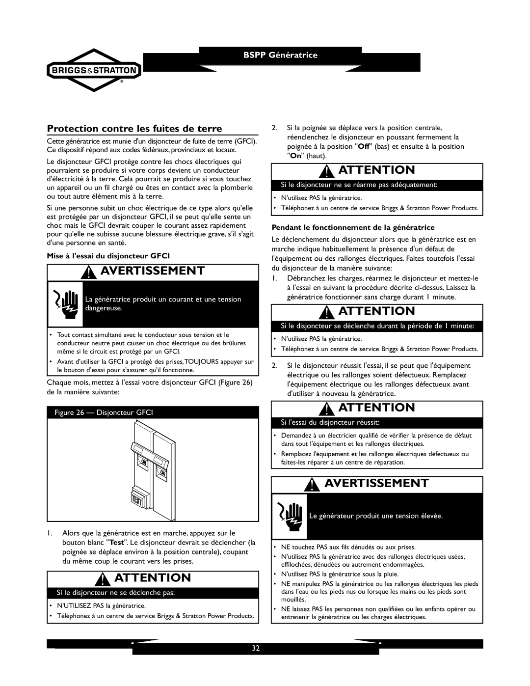 Briggs & Stratton 01933-1 manuel dutilisation Protection contre les fuites de terre, Mise à lessai du disjoncteur Gfci 