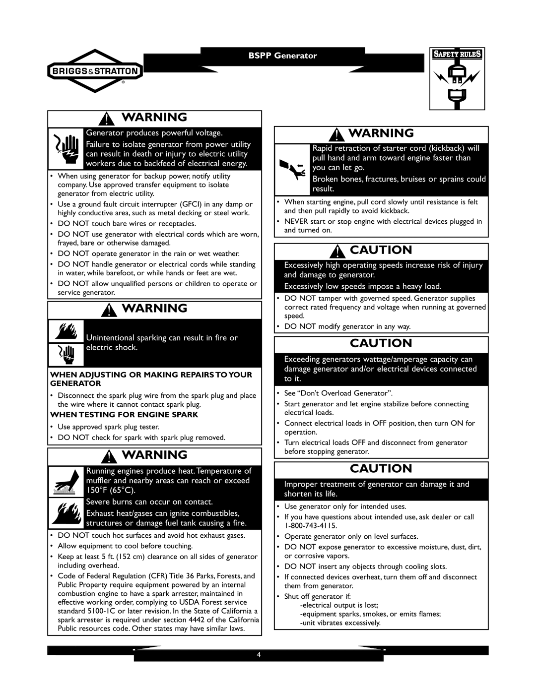 Briggs & Stratton 01933-1 When Adjusting or Making Repairs to Your Generator, When Testing for Engine Spark 