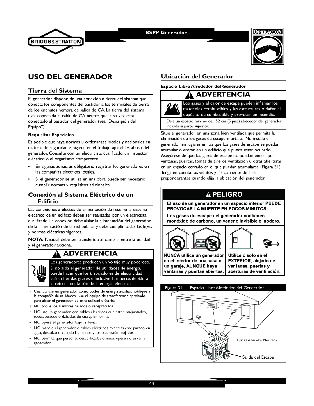 Briggs & Stratton 01933-1 manuel dutilisation USO DEL Generador, Tierra del Sistema, Ubicación del Generador 