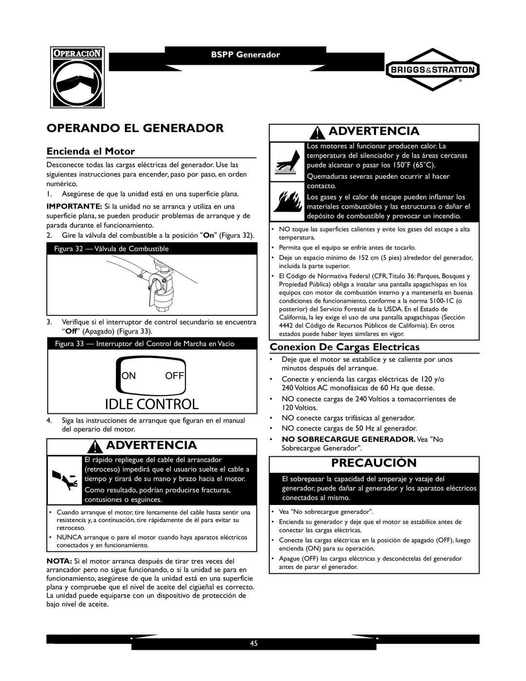 Briggs & Stratton 01933-1 manuel dutilisation Operando EL Generador, Encienda el Motor, Conexion De Cargas Electricas 