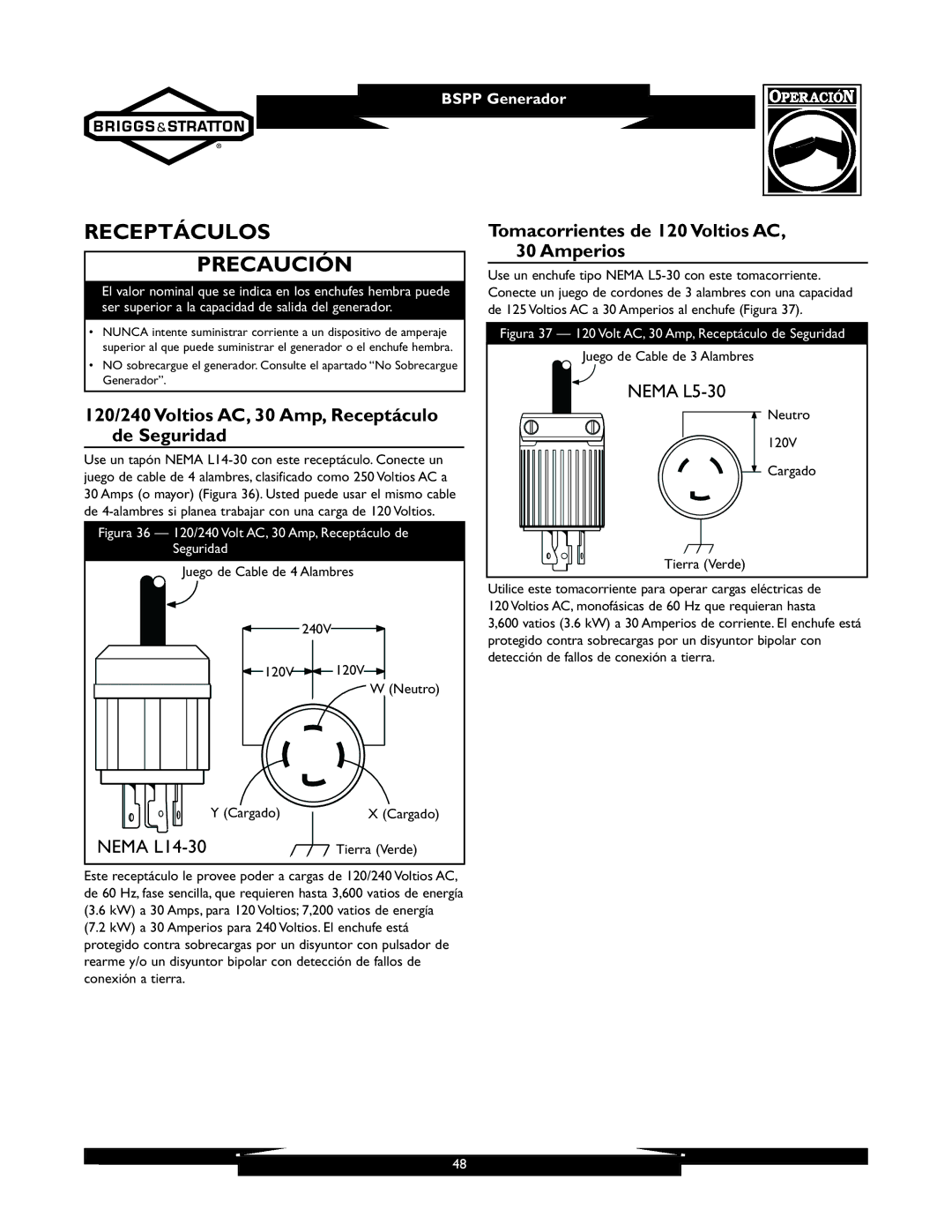 Briggs & Stratton 01933-1 manuel dutilisation Receptáculos Precaución, 120/240 Voltios AC, 30 Amp, Receptáculo de Seguridad 