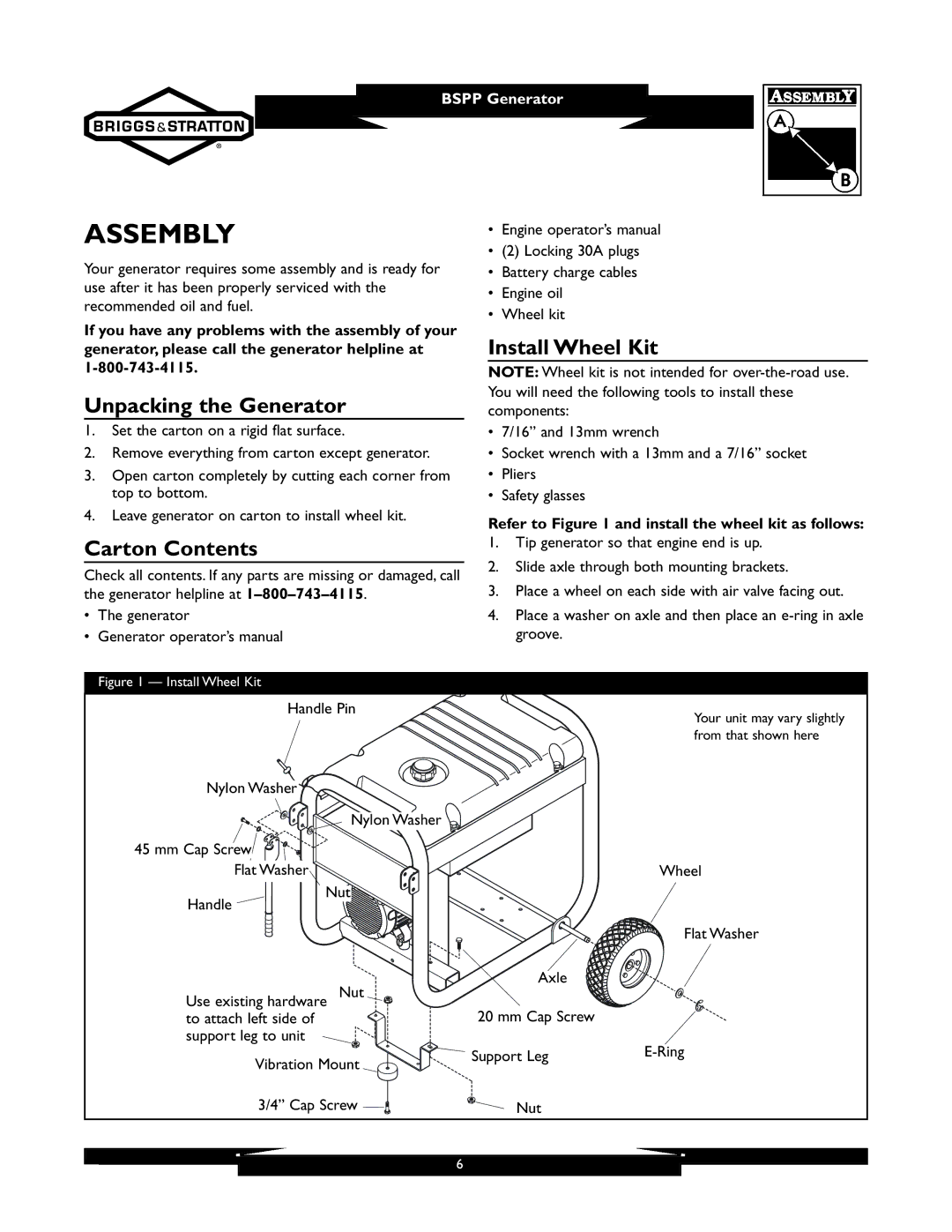 Briggs & Stratton 01933-1 manuel dutilisation Assembly, Unpacking the Generator, Install Wheel Kit, Carton Contents 