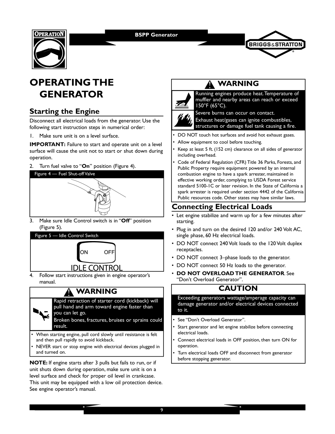 Briggs & Stratton 01933-1 manuel dutilisation Operating Generator, Starting the Engine, Connecting Electrical Loads 