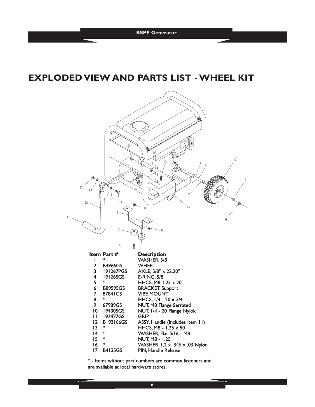 Briggs & Stratton 01933 manual Exploded View And Parts List - Wheel Kit, BSPP Generator, Description 