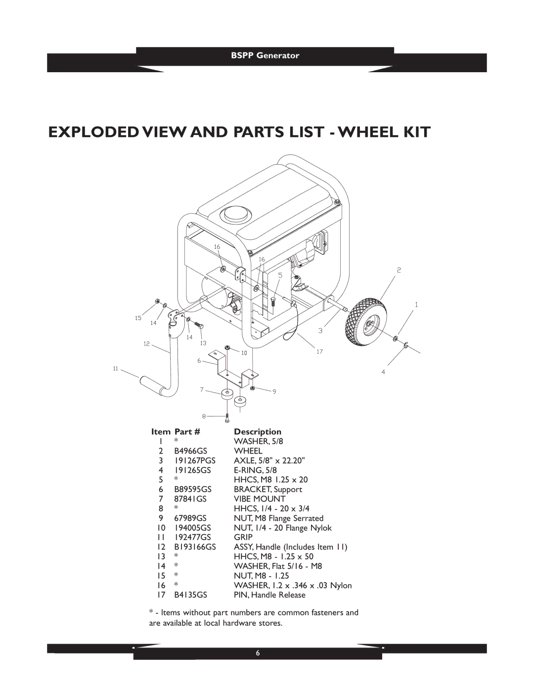 Briggs & Stratton 01933 manual Exploded View and Parts List Wheel KIT, WASHER, 5/8, Vibe Mount, Grip 