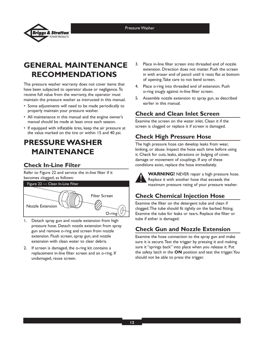 Briggs & Stratton 01936 owner manual General Maintenance Recommendations, Pressure Washer Maintenance 