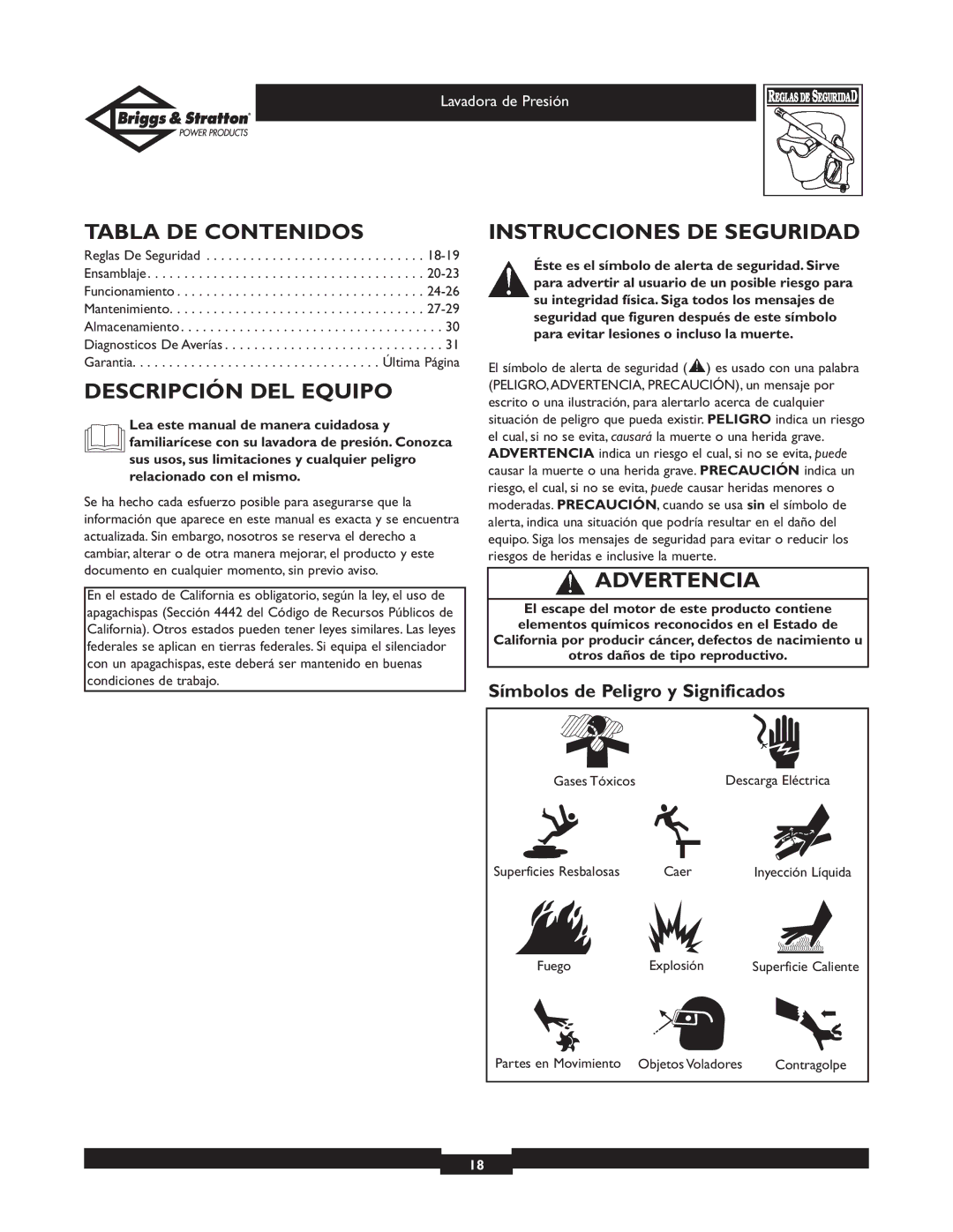 Briggs & Stratton 01936 owner manual Tabla DE Contenidos, Descripción DEL Equipo, Instrucciones DE Seguridad, Advertencia 