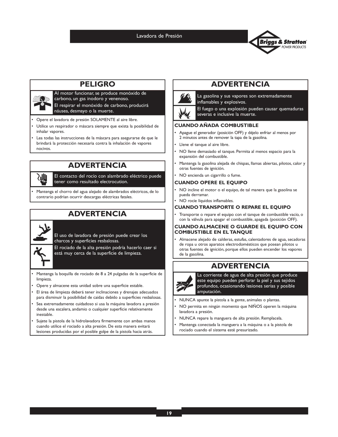 Briggs & Stratton 01936 owner manual Peligro, Cuando Añada Combustible 