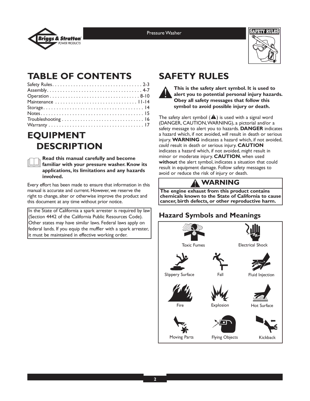 Briggs & Stratton 01936 owner manual Table of Contents, Equipment Description, Safety Rules, Hazard Symbols and Meanings 