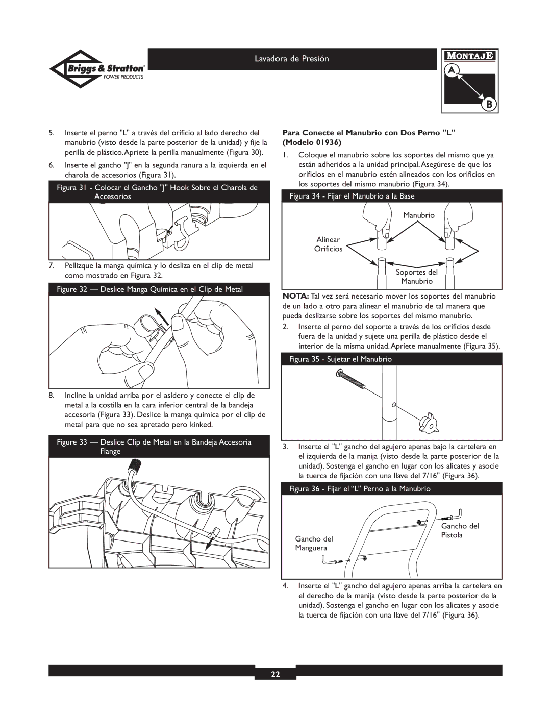 Briggs & Stratton 01936 owner manual Para Conecte el Manubrio con Dos Perno L Modelo, Gancho del Pistola 