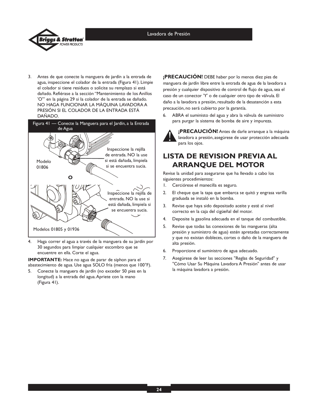 Briggs & Stratton 01936 owner manual Lista DE Revision Previa AL Arranque DEL Motor, Modelo, 01806 