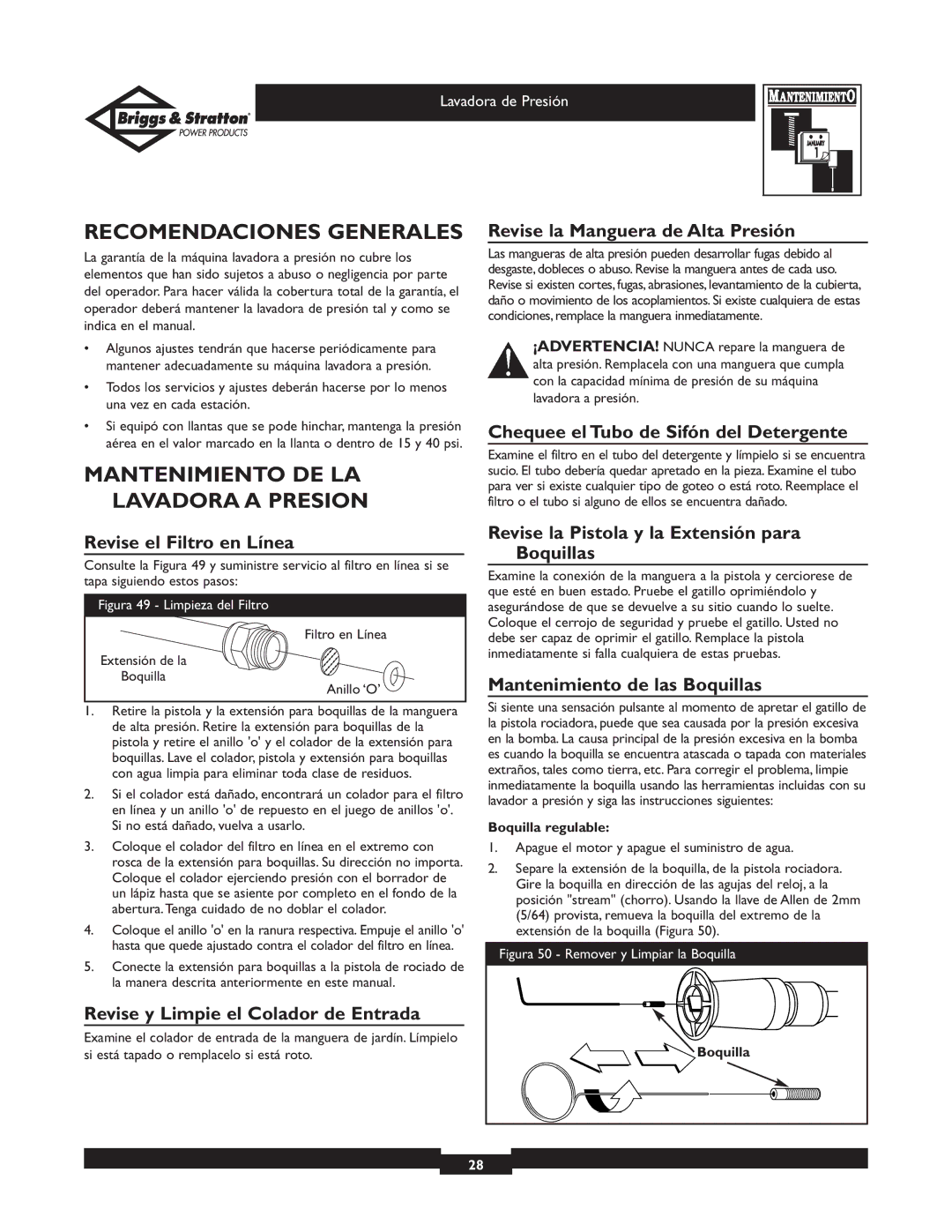 Briggs & Stratton 01936 owner manual Recomendaciones Generales, Mantenimiento DE LA Lavadora a Presion 