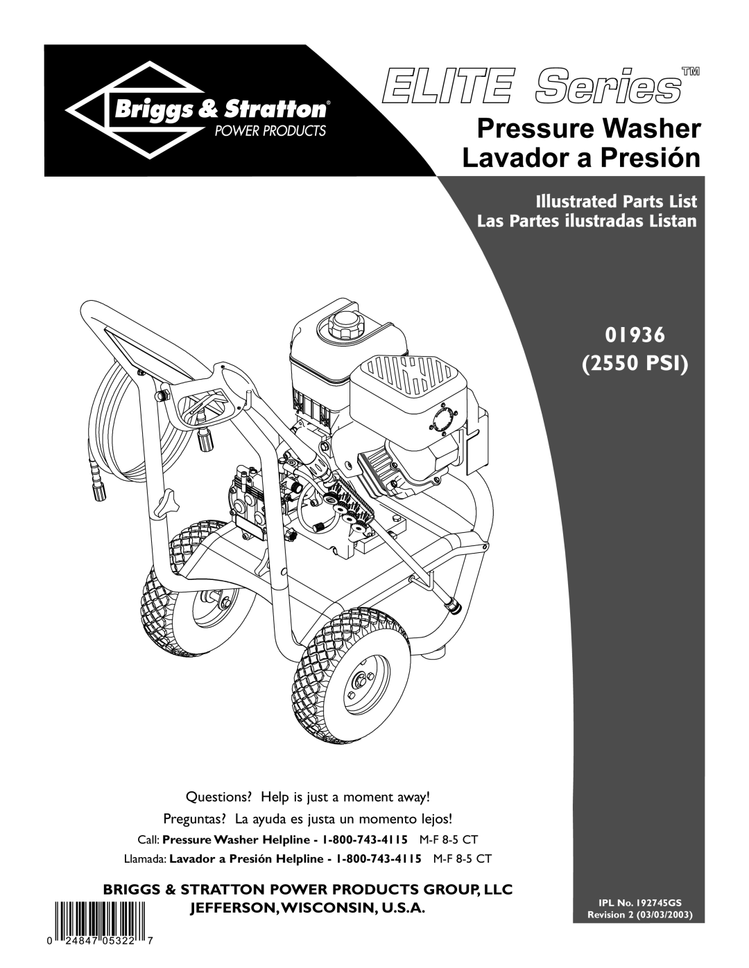 Briggs & Stratton owner manual 01936 2550 PSI 