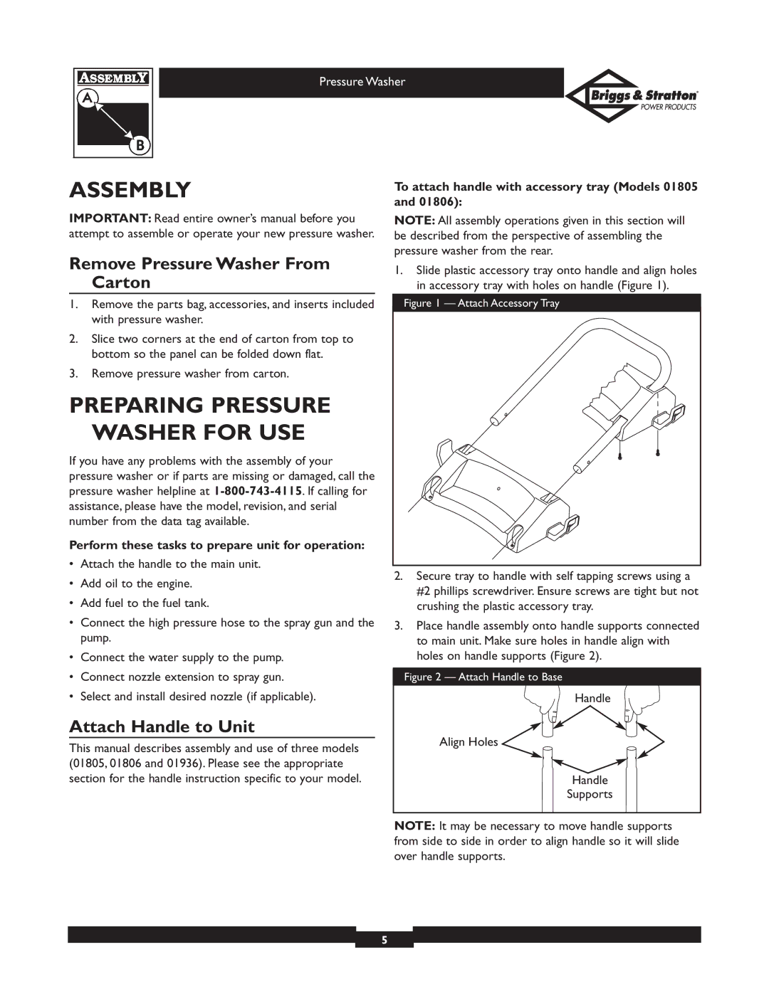 Briggs & Stratton 01936 owner manual Assembly, Preparing Pressure Washer for USE, Remove Pressure Washer From Carton 