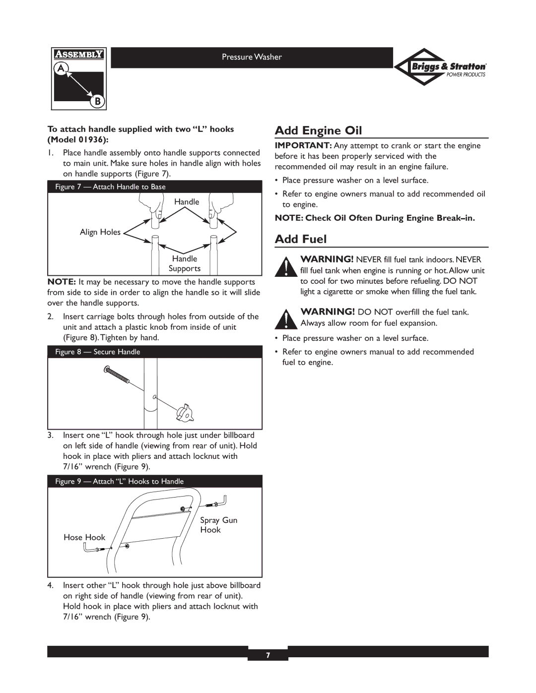 Briggs & Stratton 01936 owner manual Add Engine Oil, Add Fuel, To attach handle supplied with two L hooks Model 